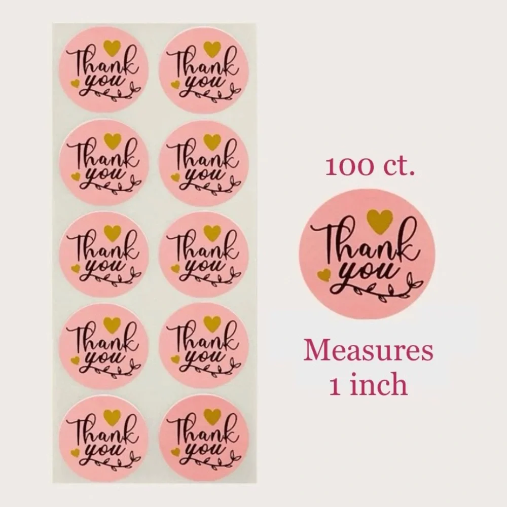 NEW! 100ct. Pink Thank You Stickers, Black Script & Gold Hearts - Picture 1 of 5